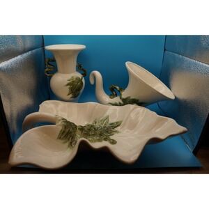 Vintage Cream Ceramic Grape Leaf Cornucopia Vase with Handles Decorative Accent